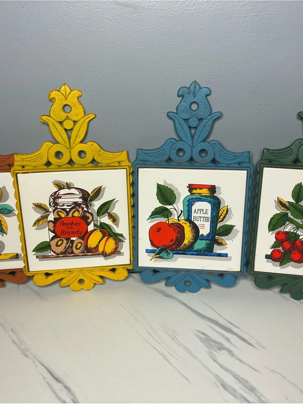 Set of 4 Vintage Italian Fruit Preserve Tile Trivets Cast Metal Frames